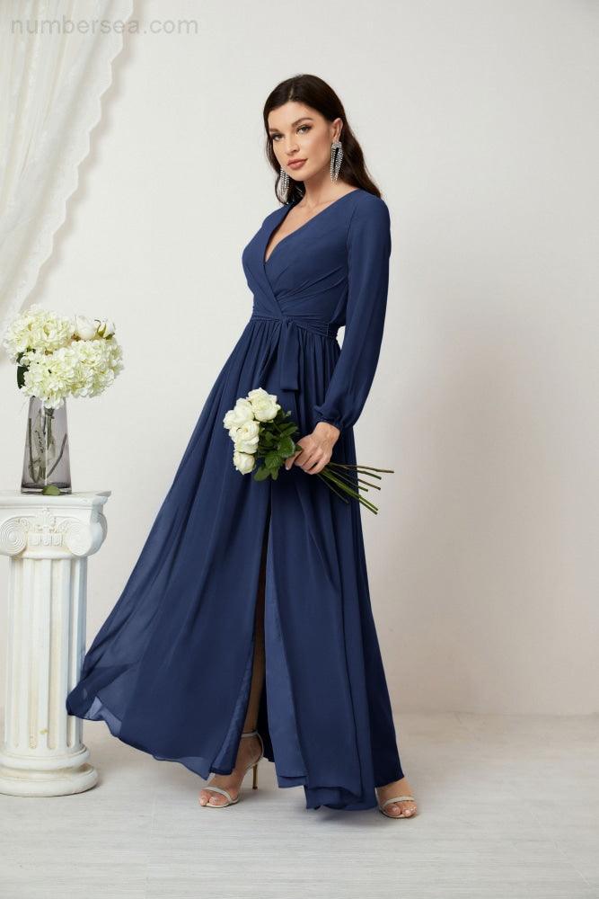Evening Dresses Deep V-Neck Chiffon Bridesmaid Dresses Long Bishop Sleeve Side Split Formal Dress 2806