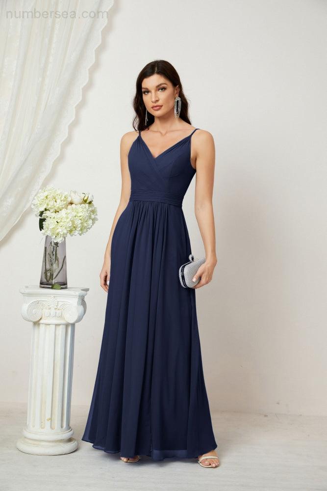 Chiffon V-Neck Bridesmaid Dress Spaghetti Strap Long Formal Party Prom Gowns with Slit 28010