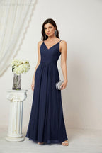 Chiffon V-Neck Bridesmaid Dress Spaghetti Strap Long Formal Party Prom Gowns with Slit 28010