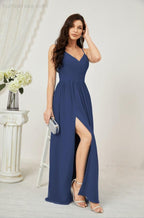 Neck Bridesmaid Dresses Chiffon Long Spaghetti A-line Formal Prom Gown for Wedding Party Evening 2801