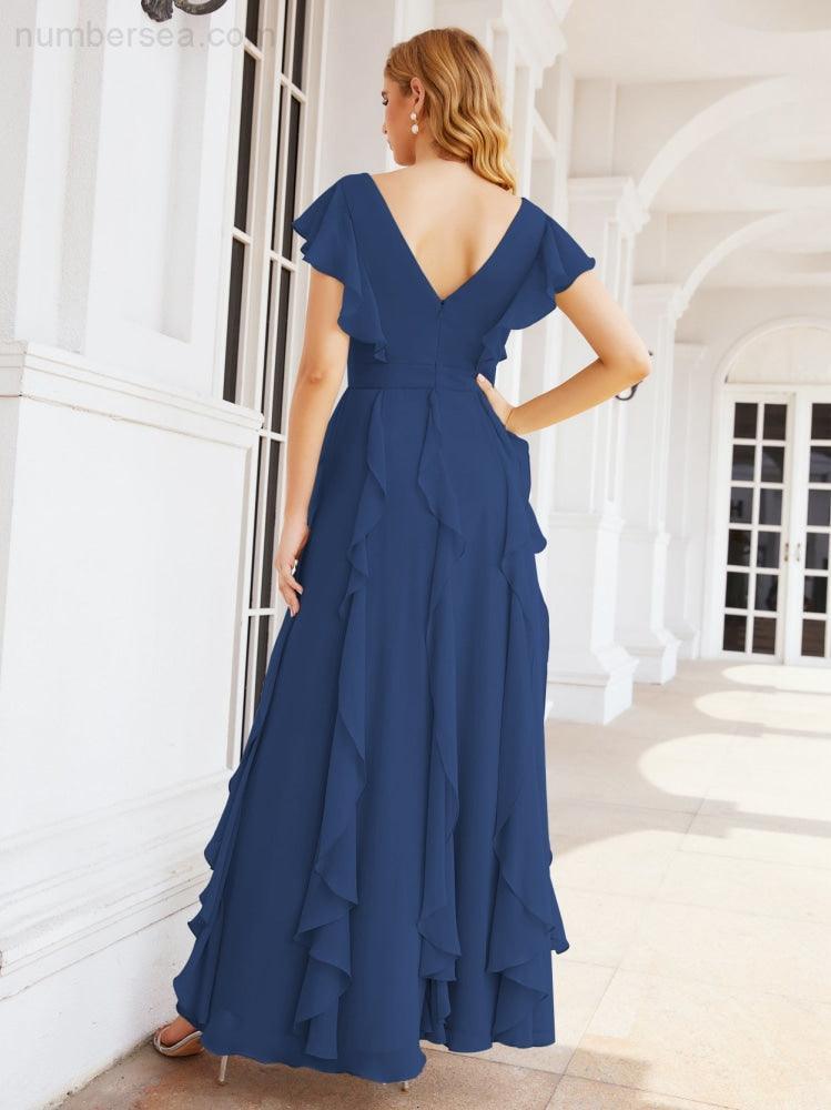 Ruffled Bridesmaid Dresses with Sleeves Long Formal Party Dress 28041