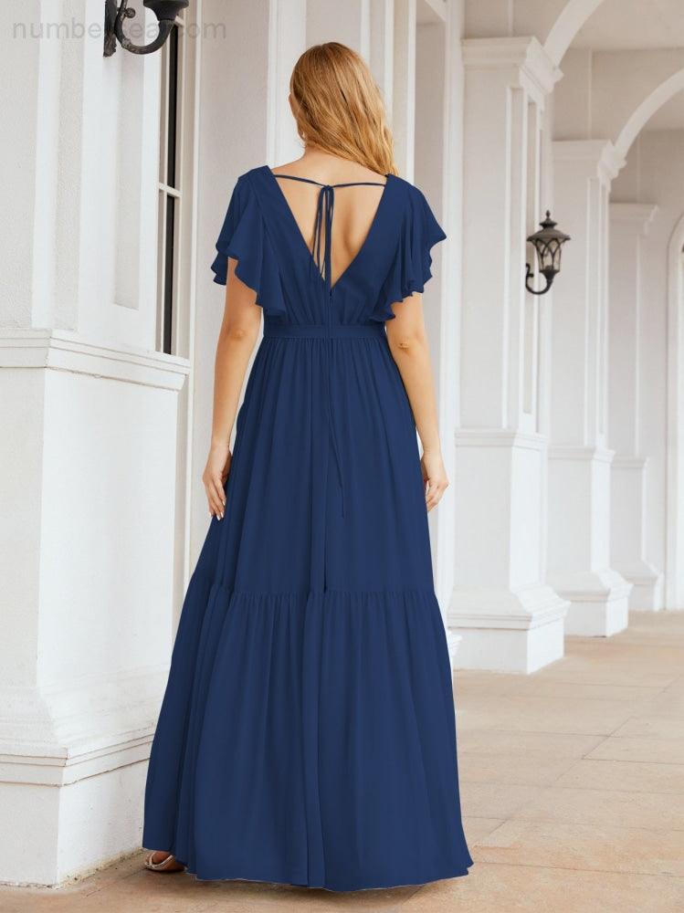 Abiti da sera formali da donna Numbersea con schiena scoperta, scollo a V, lunghi in chiffon, abiti da damigella con cintura in vita 28038