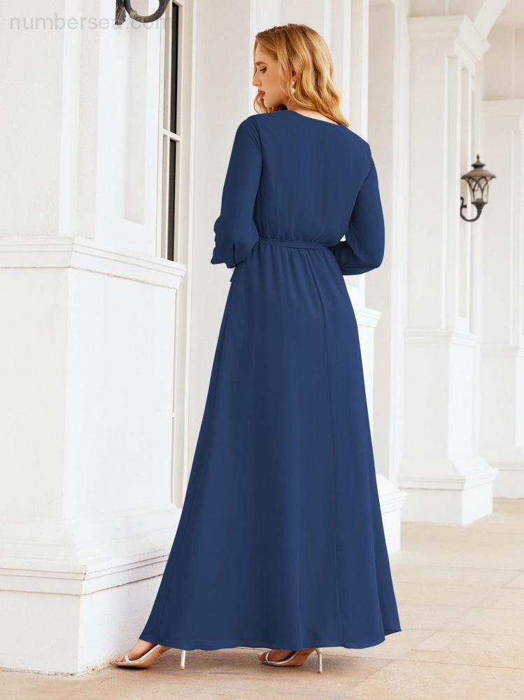 Vestito da damigella d'onore in chiffon da donna Numbersea, linea a trapezio, maniche lunghe, abito lungo formale da sera per ospite di matrimonio 28032