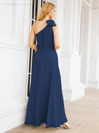 Chiffon Ruffled One Shoulder Sleeveless Long Bride Dresses A-line Formal Evening Gown Side Split 28057