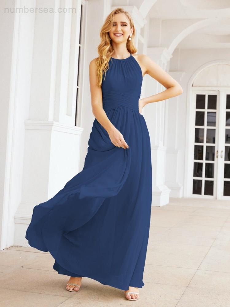 Sleeveless Bridesmaid Dresses Long Prom Gown Zipper with Keyhole Back 28056
