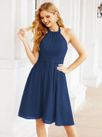 Halter Chiffon Bridesmaid Dresses Short Sleeveless Formal Party Dress Open Back 28023