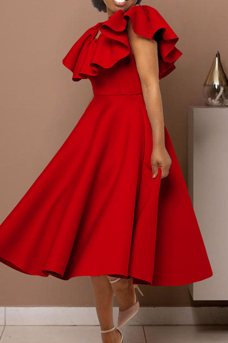 Elegante Abito da Sera con Scollatura a O, Balze e Patchwork in Tinta Unita