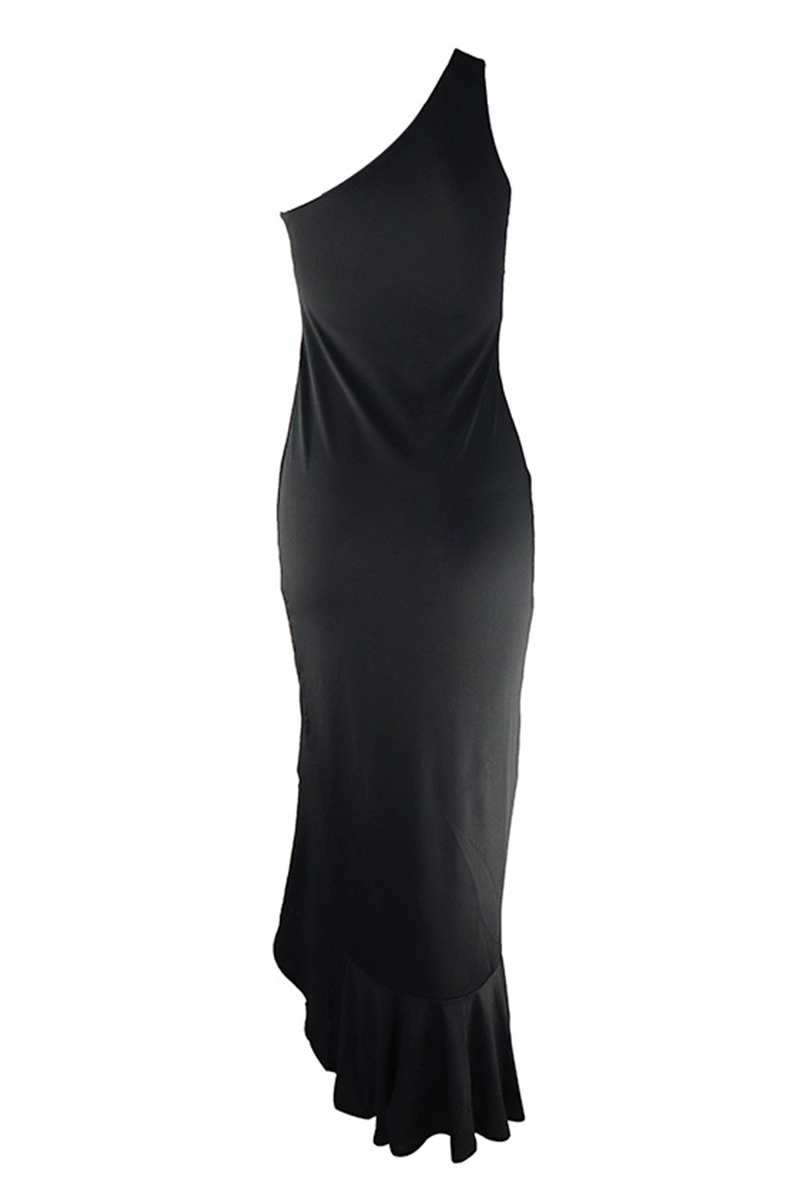 Robe de soirée élégante à une épaule avec fente et volants solides (8 couleurs)