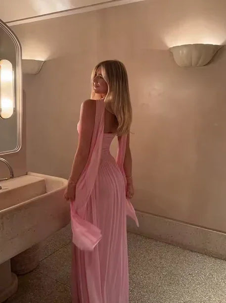 Vestido longo de baile de chiffon rosa com decote em coração Y8479