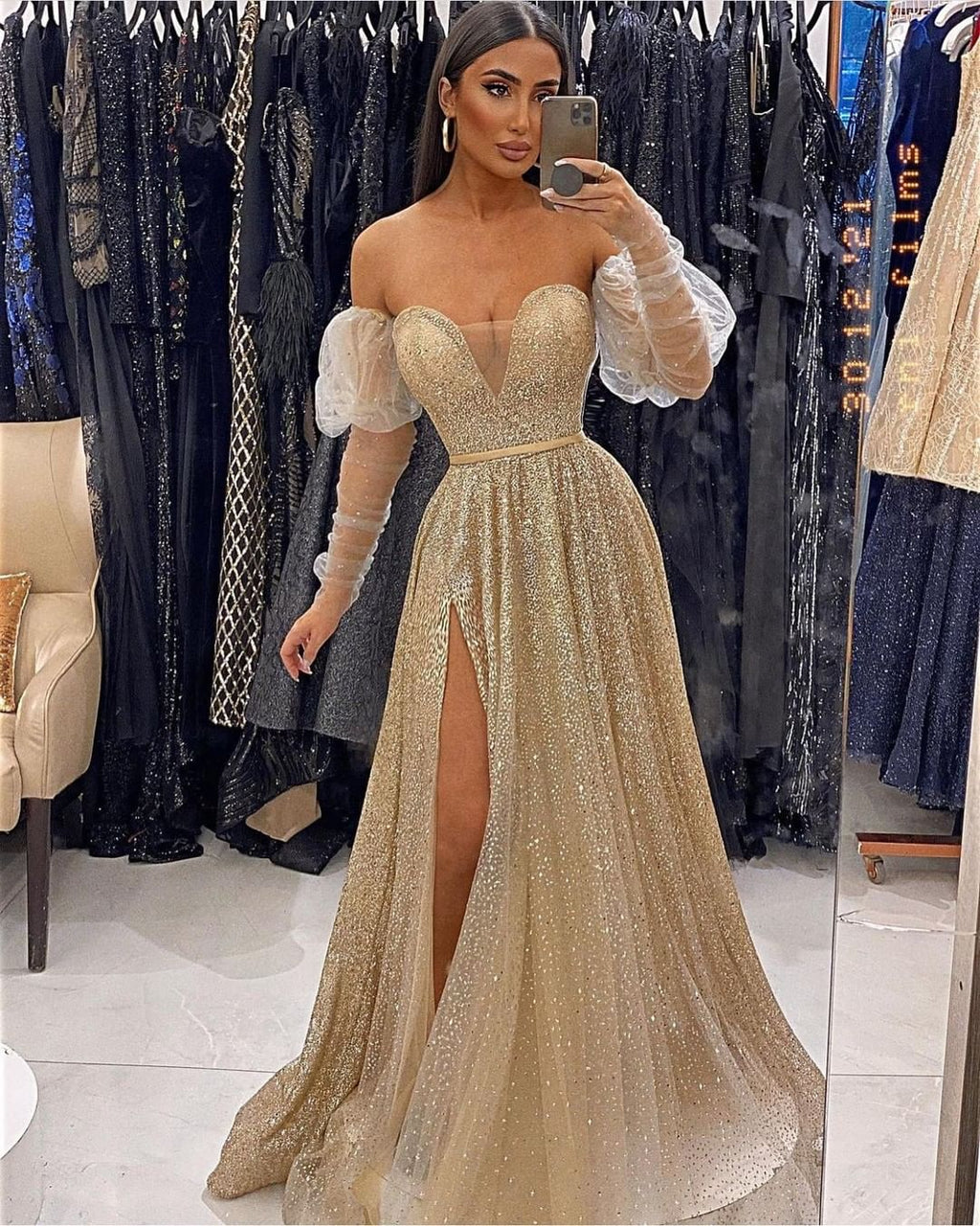 Sweetheart Lange Ärmel Ballkleid Pailletten Mit Schlitz