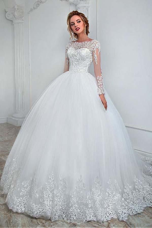 Impressionante vestido de noiva com vestido de baile com mangas compridas de renda e saia de tule