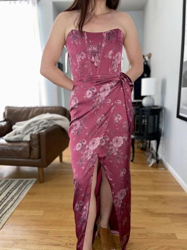 Vestido de fiesta formal de satén con corsé estampado fucsia y abertura frontal Y8458