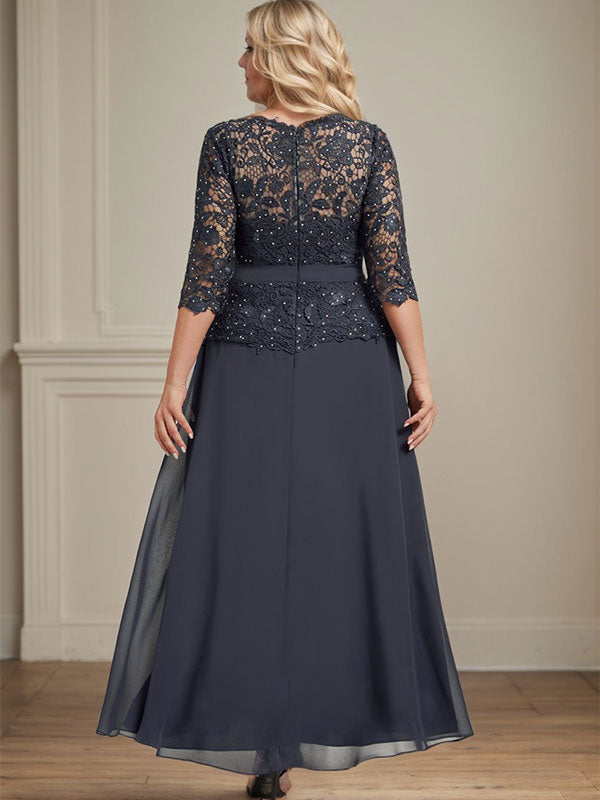 A-line Scoop Illusion Ankle-Length Chiffon Lace Mother of the Bride Dress With Rhinestone Beading