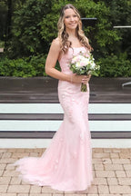 Vestido longo de baile com alças e aplicações Sereia