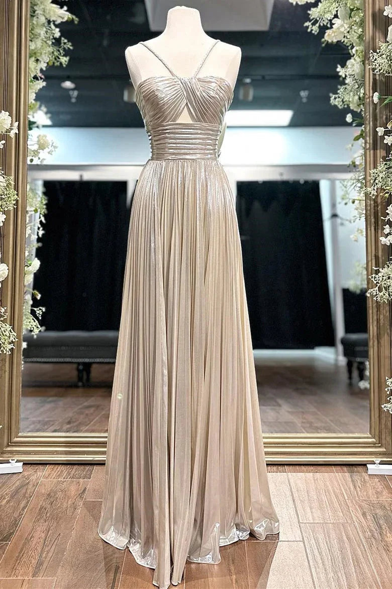 Madalyn| Metallic Keyhole Spaghetti Strap Long Prom Dress with Slit