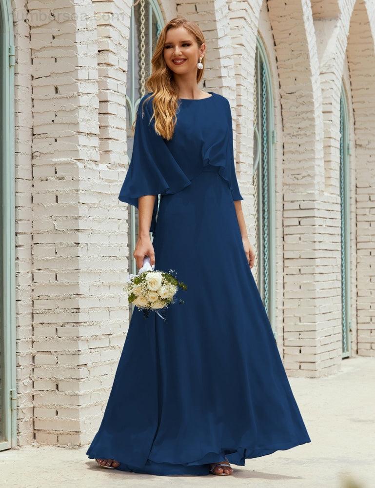 Bridesmaid Dress Women Long Sleeve V-Neck Chiffon Formal Wedding Party Dress 28018