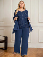 Macacão/Conjunto de Calças com Decote Redondo, Comprimento até ao Chão, em Renda e Chiffon, Vestido de Mãe da Noiva com Lantejoulas