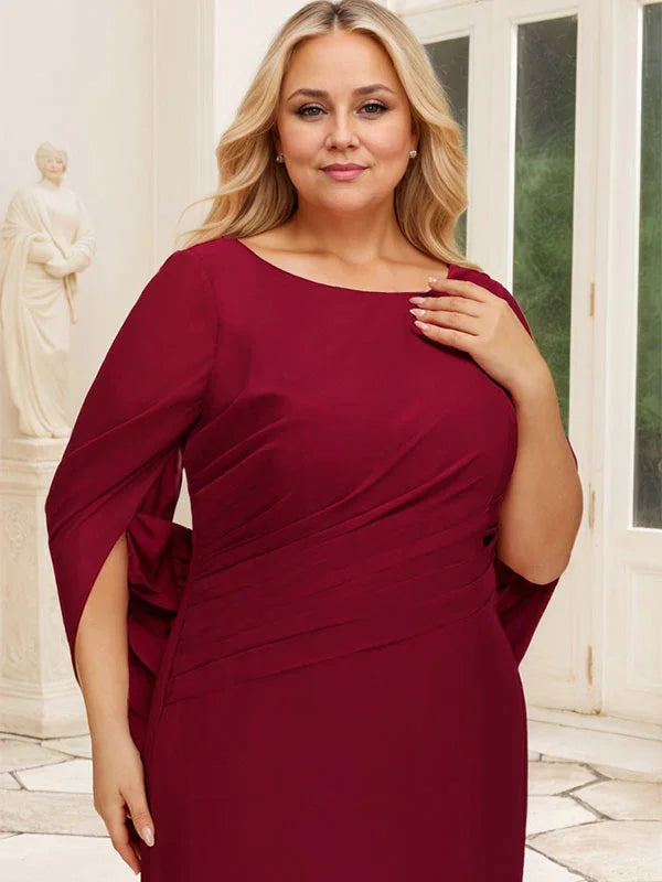 Vestido de Mãe da Noiva em Chiffon com Decote Barco, Corte Trompete/Sereia e Comprimento até ao Chão, com Pregas