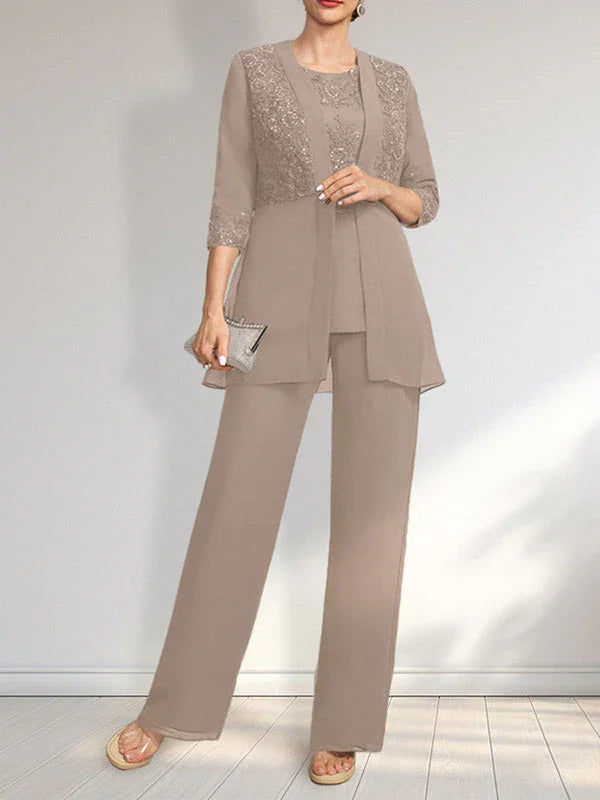 Combinaison/Pantalon Séparés Col Rond Longueur Sol en Mousseline Dentelle Robe de la Mère de la Mariée avec Paillettes