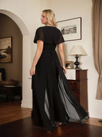 Tuta elegante da sera in chiffon, scollo a V, lunghezza fino al pavimento