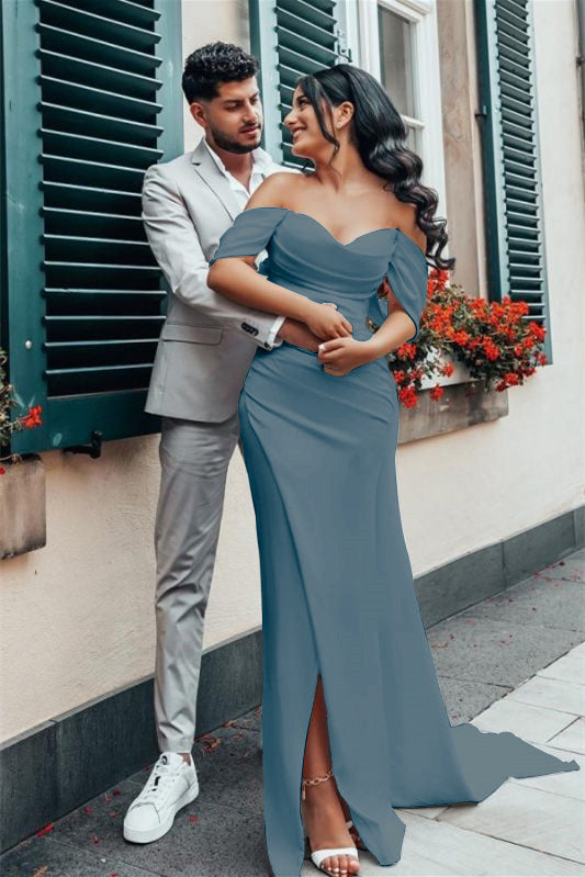 Charmeuse Off The Shoulder Wedding Dress With Split Silhouette