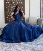 Luxuriöses Damen Abendkleid Dunkelblau Satin Glitzerbesatz Linie Ein Abschlusskleid Party Elegant Ball Hochzeit Maßgeschneidert