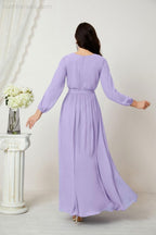Evening Dresses Deep V-Neck Chiffon Bridesmaid Dresses Long Bishop Sleeve Side Split Formal Dress 2806