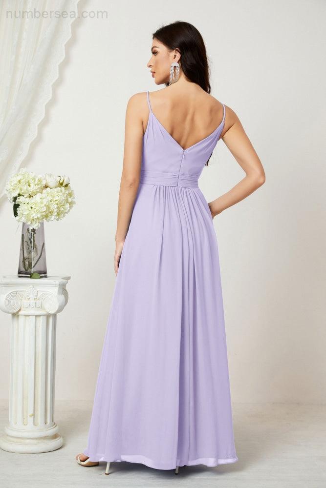 Chiffon V-Neck Bridesmaid Dress Spaghetti Strap Long Formal Party Prom Gowns with Slit 28010