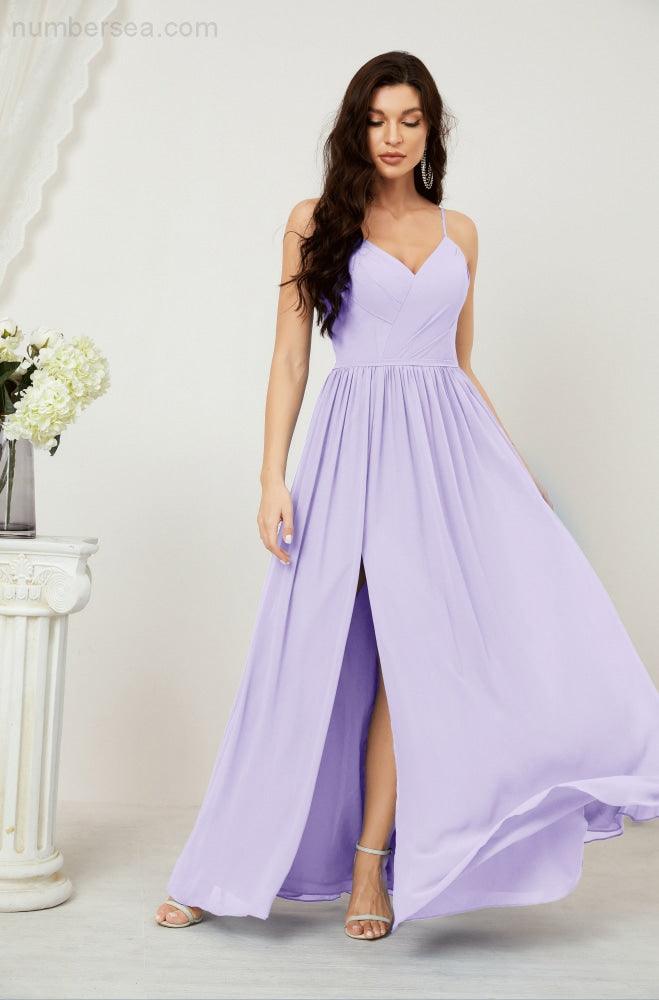 Neck Bridesmaid Dresses Chiffon Long Spaghetti A-line Formal Prom Gown for Wedding Party Evening 2801