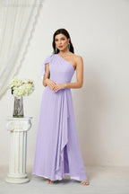 Chiffon Ruffled One Shoulder Long Bridesmaid Dresses A-line Formal Evening Gown Side Split 2809