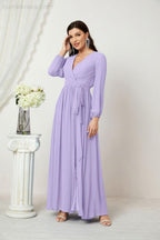 Evening Dresses Deep V-Neck Chiffon Bridesmaid Dresses Long Bishop Sleeve Side Split Formal Dress 2806