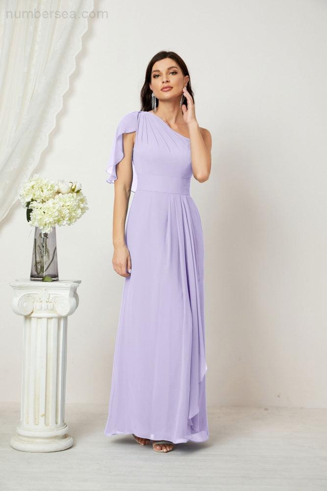 Chiffon Ruffled One Shoulder Long Bridesmaid Dresses A-line Formal Evening Gown Side Split 2809