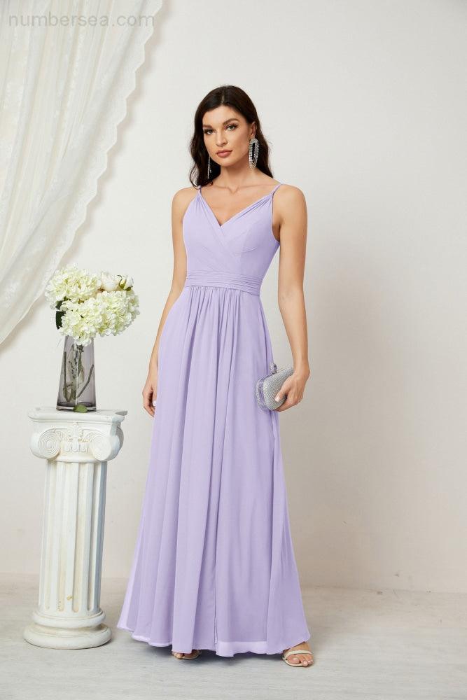 Chiffon V-Neck Bridesmaid Dress Spaghetti Strap Long Formal Party Prom Gowns with Slit 28010