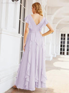 Ruffled Bridesmaid Dresses with Sleeves Long Formal Party Dress 28041