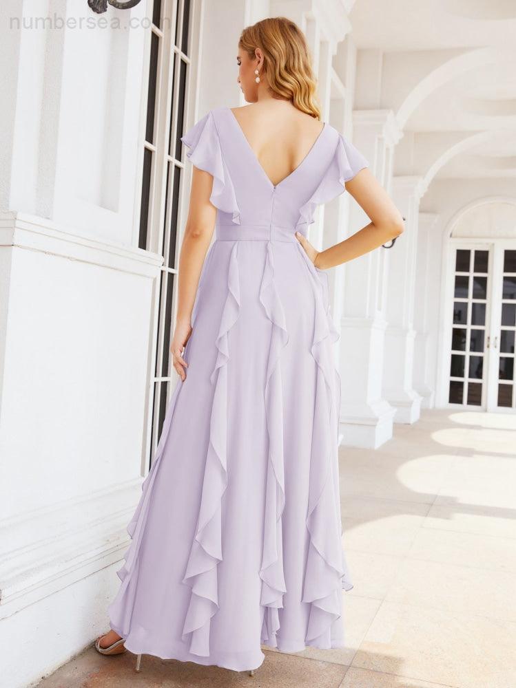 Ruffled Bridesmaid Dresses with Sleeves Long Formal Party Dress 28041