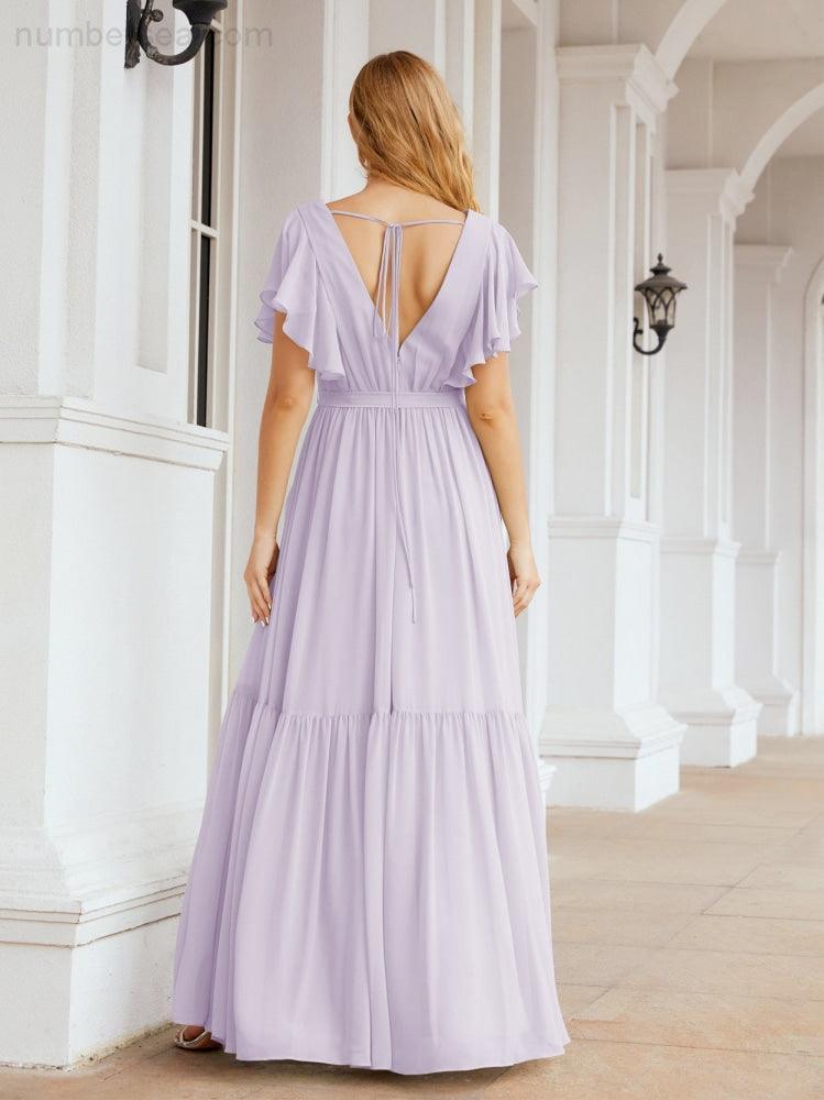 Abiti da sera formali da donna Numbersea con schiena scoperta, scollo a V, lunghi in chiffon, abiti da damigella con cintura in vita 28038