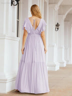 Abiti da sera formali da donna Numbersea con schiena scoperta, scollo a V, lunghi in chiffon, abiti da damigella con cintura in vita 28038