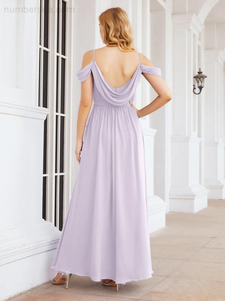 Numbersea Abito da Damigella in Chiffon con Spalle Scoperte, Abito Lungo Formale per Laurea con Schiena a Mantella 28069