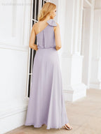 Chiffon Ruffled One Shoulder Sleeveless Long Bride Dresses A-line Formal Evening Gown Side Split 28057