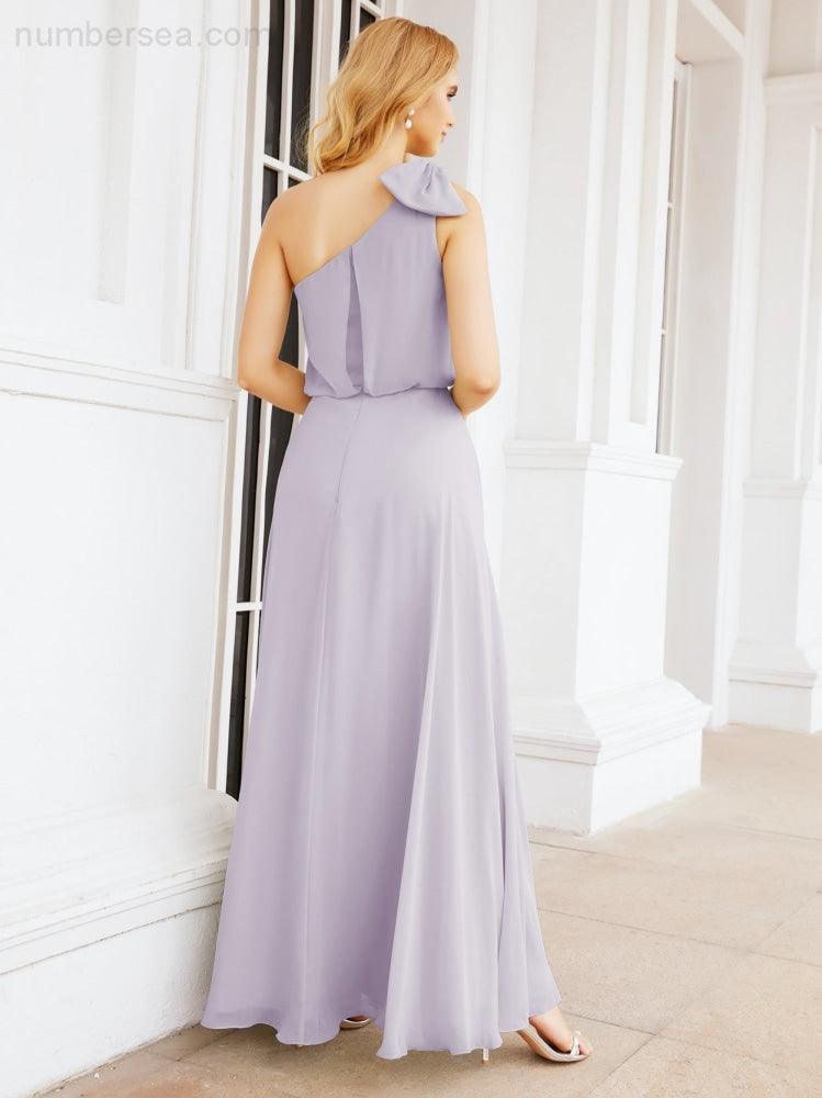 Chiffon Ruffled One Shoulder Sleeveless Long Bride Dresses A-line Formal Evening Gown Side Split 28057