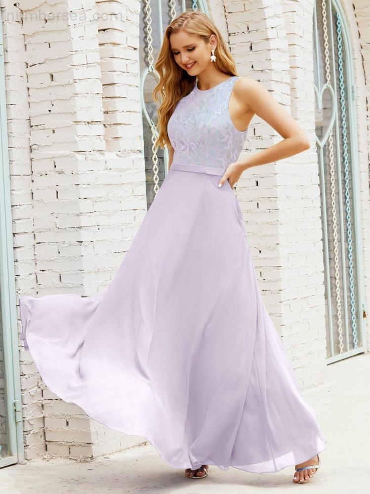 Vestido de Dama de Honra em Renda Comprimento ao Chão Vestidos de Noite com Bolsos 28017
