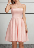 Blush Pink Satin Spaghetti Strap Mini Dress with Lace-Up Back & A-Line Skirt