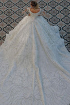 Bmbridal Long Sleeve Satin Ball Gown Wedding Dress Beaded Sequined