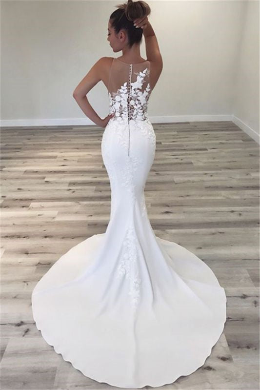 Sleeveless Long Mermaid Jewel Wedding Dress With Lace Appliques