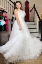 A-Line Strapless Pink Tiered Long Tulle Prom Dress