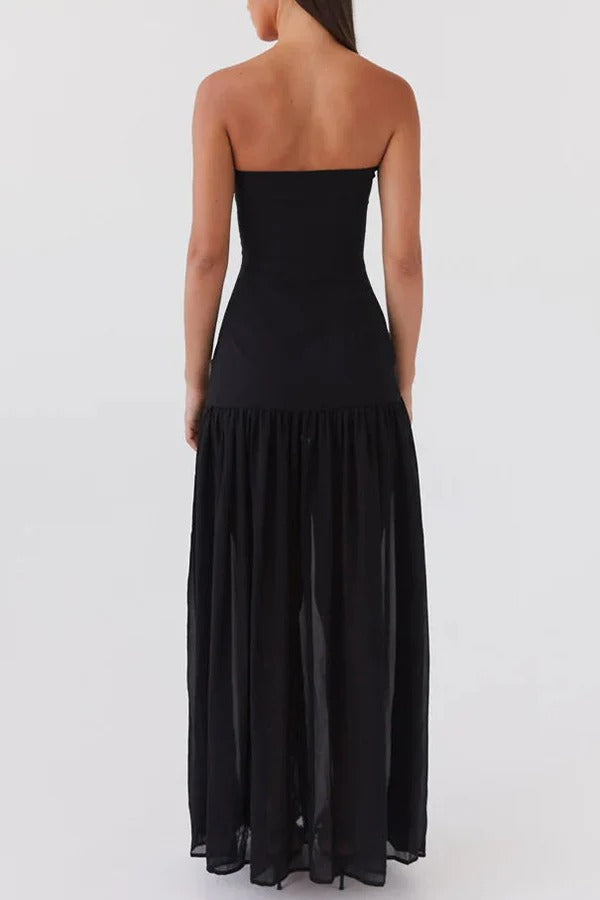 Robe longue patchwork Eden en mousseline semi-transparente sans bretelles