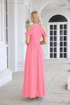 Abito da sera da damigella in chiffon con spalle scoperte, maniche a campana e spacco frontale, abito da festa nuziale 28117