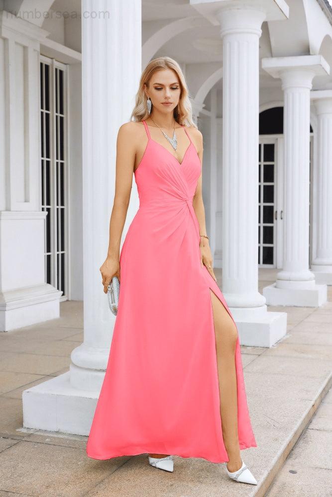Vestido de Festa Comprido até ao Chão para Damas de Honra, em Chiffon, com Alças Finas, Decote em V e Fenda Frontal, para Baile, Festa e Casamento 28116