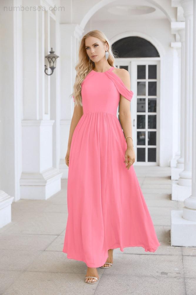 Abito da sera da damigella in chiffon con spalle scoperte, maniche a campana e spacco frontale, abito da festa nuziale 28117