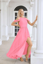 Abito da sera da damigella in chiffon con spalle scoperte, maniche a campana e spacco frontale, abito da festa nuziale 28117